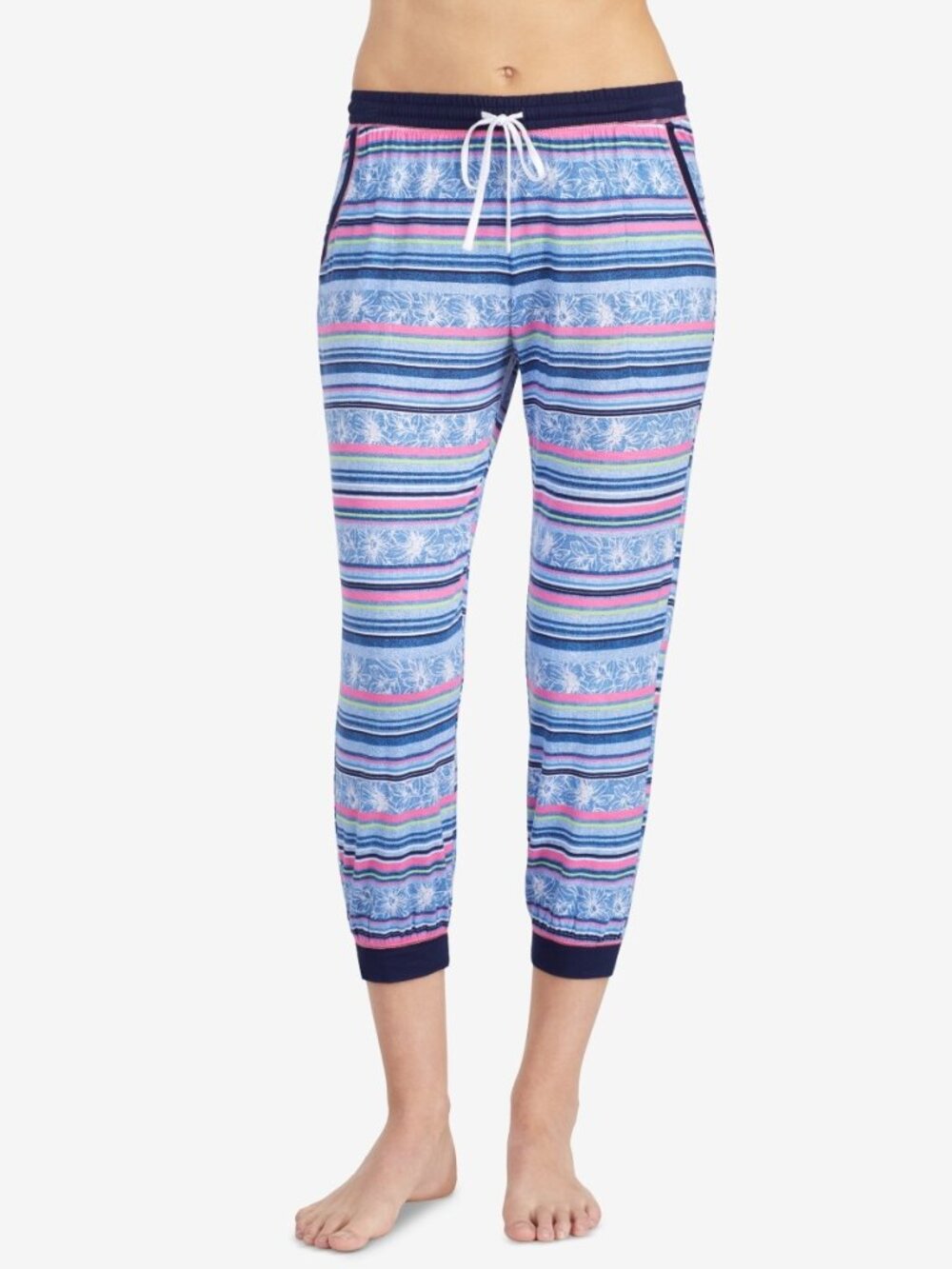 Layla Womens Striped Contrast Trim Cropped Pajama Pant